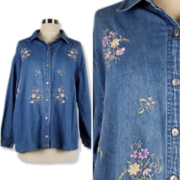Vintage 90’s Tantrum Blues Oversized Floral Embroidered Button Down Denim Shirt - Picture 1 of 15